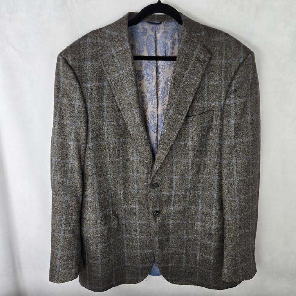 Randy Willard Loro Piana Superfine Wool Blazer Brown‎ Blue Windowpane Plaid 46L